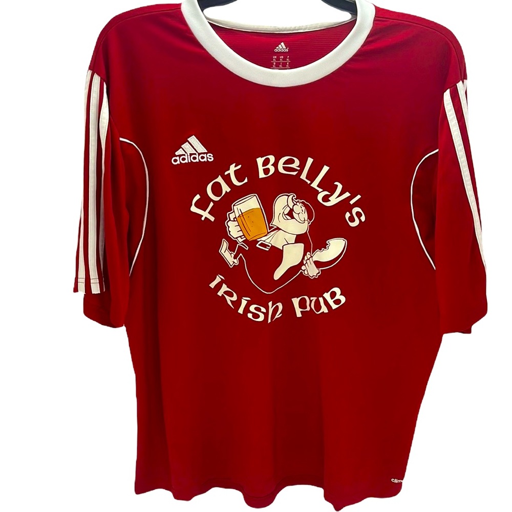 Adidas Men’s XL Climalite Soccer Tee Fat Belly’s Irish Pub Logo Stripe Sleeve